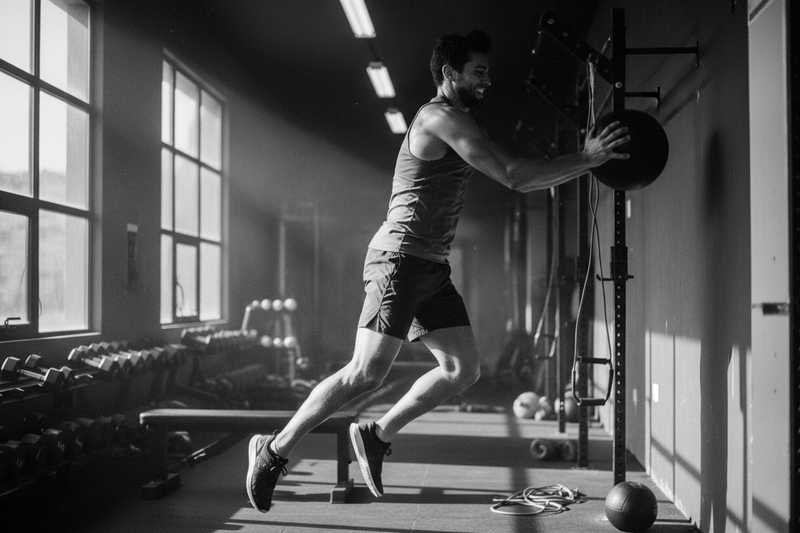 photo en noir et blanc d'une personne heureuse dans la pratique d'un sport en salle